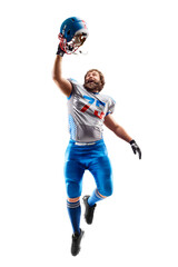 American football. Football victory. American football player jumping up with helmet in hands. Human emotions and facial expressions concept. Sports victory