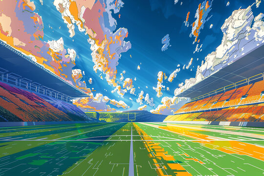 Transform a panoramic view of a football field into a pixel art masterpiece, showcasing surrealistic elements and unexpected perspectives in vibrant, digital rendering