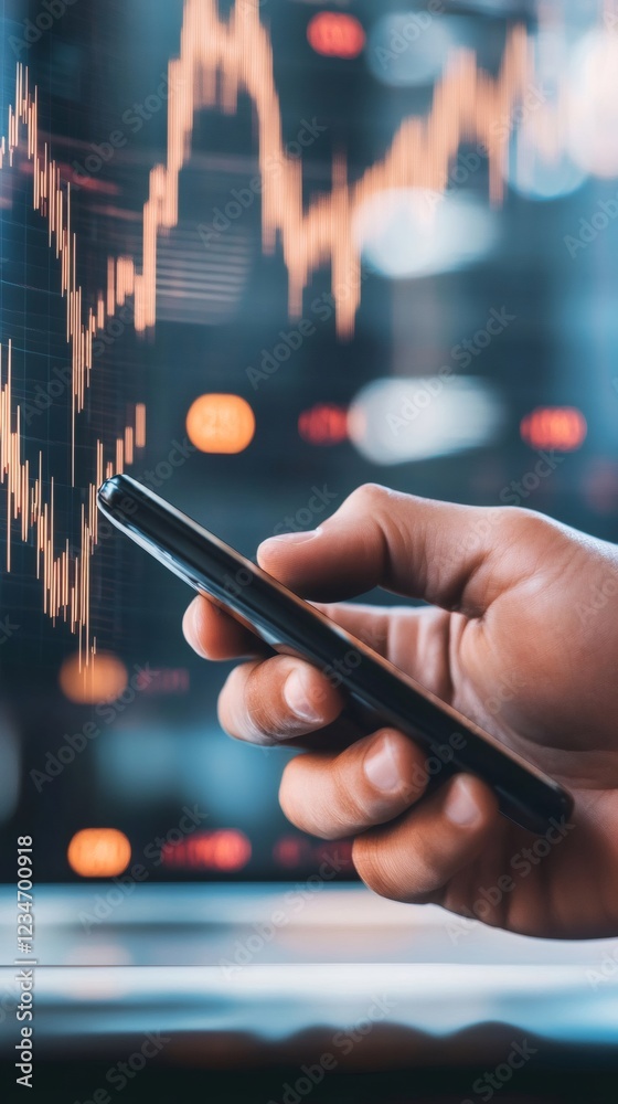 Aufkleber businessman is holding smartphone and analyzing stock market data with financial charts displayed on