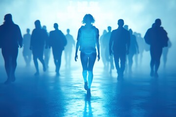 Lone Figure Walking Through a Digital Blue Haze. Generative AI.