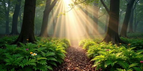 Fototapeta premium Sunbeams Illuminate a Mystical Forest Path Lined with Vibrant Green Plants and Delicate Wildflowers