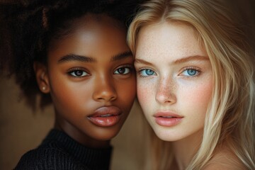 Obraz premium Close-up portrait of two diverse young women showcasing natural beauty and unique features against a soft background