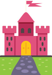 Fototapeta premium Medieval castle with red brick walls and golden gate standing on green lawn with stone path leading to it