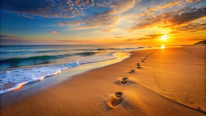 Golden Sunset on a Sandy Beach with Footsteps Leading to the Horizon