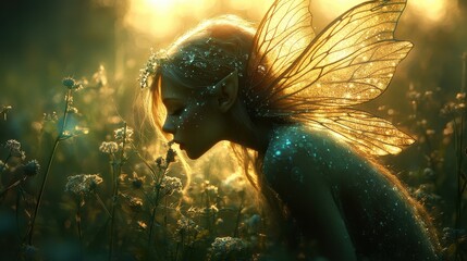 Ethereal fairy amidst glowing flowers, exuding magic and tranquility.