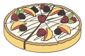  Colorful fruit pizza, vibrant dessert, fresh raspberries and blackberries, sliced mangoes, chocolate drizzle, creamy white filling, golden crust, artistic arrangement, appetizing presentation, high
