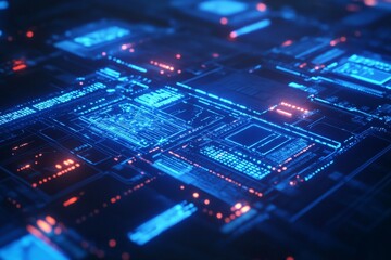 Digital circuit board illuminated by blue and orange lights showcasing intricate patterns in a futuristic design