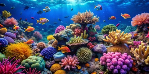 Naklejka premium Vibrant Underwater Coral Reef with Colorful Marine Life