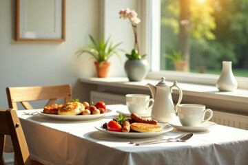 A sunlit breakfast table scene featuring a delightful spread of freshly cooked pancakes, savory sausages, ripe tomatoes, and a refreshing beverage