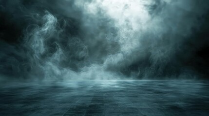 Dense fog rolling over a shadowy landscape, creating an eerie and mysterious atmosphere with deep blue and grey tones. Perfect for horror, thriller settings, and dramatic backgrounds.