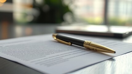 Elegant pen resting on a contract, symbolizing precision and legal finality. Ideal for law firms, legal tech, and business contract imagery.