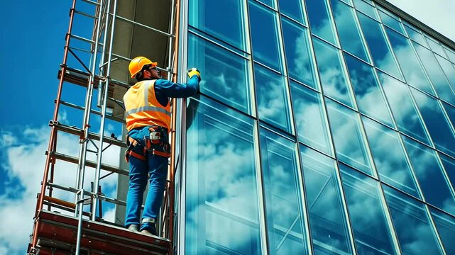 Worker installing glass panels on modern building facade