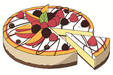  Colorful fruit pizza, vibrant dessert, fresh raspberries and blackberries, sliced mangoes, chocolate drizzle, creamy white filling, golden crust, artistic arrangement, appetizing presentation, high