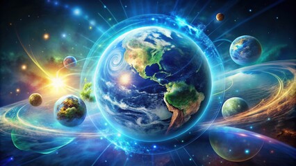 Obraz premium A luminous blue halo surrounds a vibrant Earth, the center of a swirling cosmic dance, illuminated by a blazing sun and encircled by celestial bodies in a mesmerizing display of intergalactic energy.