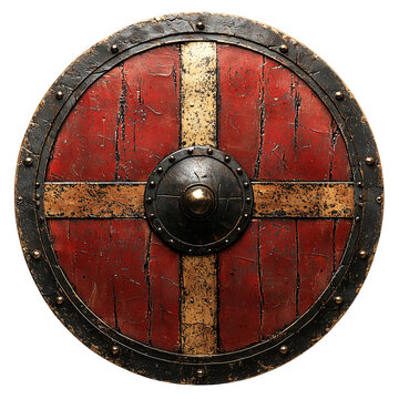 Ancient Wooden Viking Shield Red Gold Design war art game armor metal isolated on transparent or white background, png