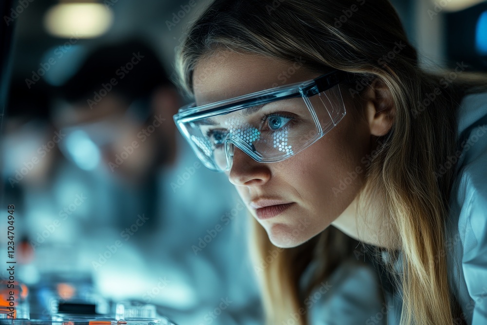 Fototapete Scientist focuses intently on experiments in a modern laboratory during a late afternoon session