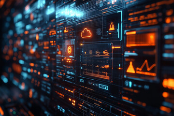 Fototapeta premium A holographic display with floating icons for cloud computing, data storage, and coding. Bright lighting, contrast