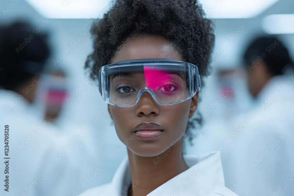 Poster young female scientist in lab coat and protective eyewear participates in research experiments in a 