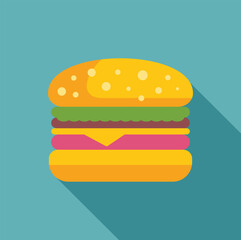 Tasty hamburger with sesame bun, meat, cheese, tomato, lettuce and long shadow on a turquoise background