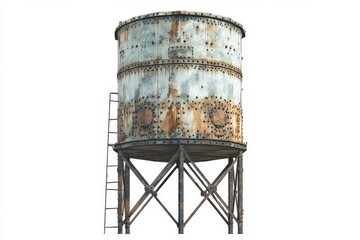 vintage-style industrial water tower illustration with weathered metal textures, rivets, and geometric patterns, featuring detailed mechanical elements against clean white background