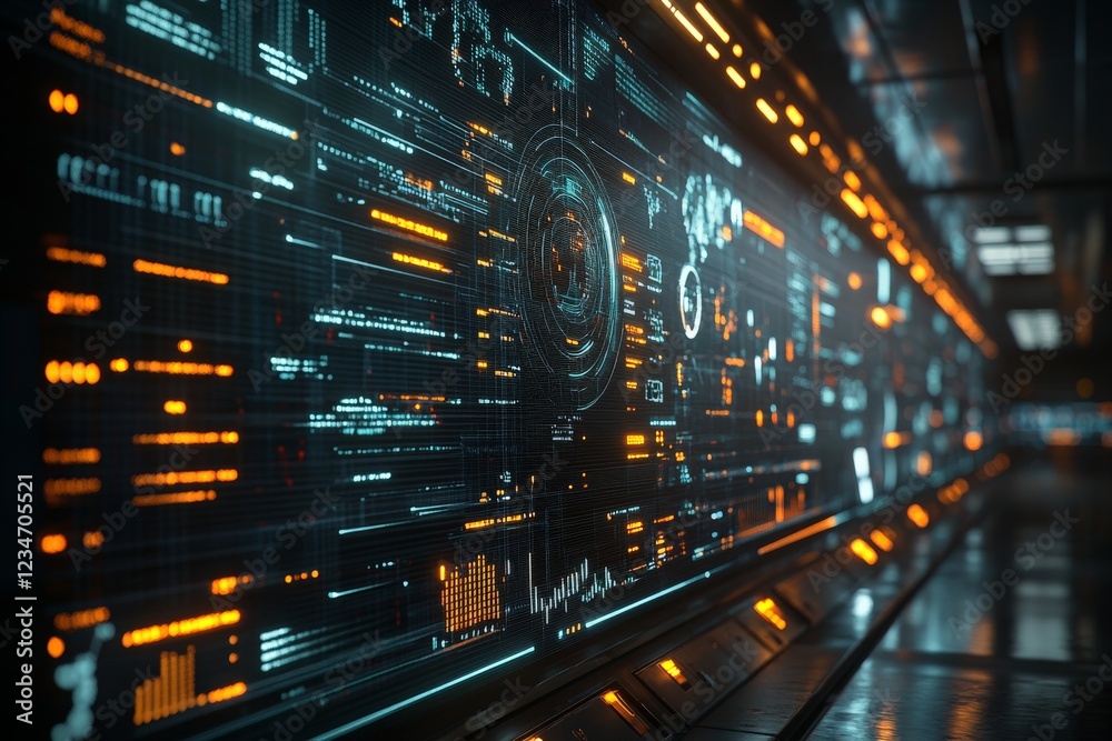 Leinwandbilder Futuristic digital control panel displaying complex data and analytics at a high-tech facility during nighttime