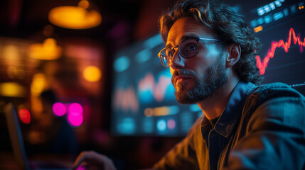 A tech seminar scene, with a presenter explaining a digital graph on a large screen. Bright lighting, contrast