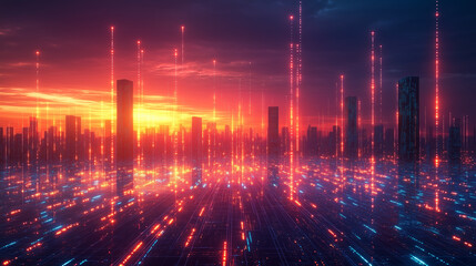 A futuristic depiction of a cityscape interconnected by glowing digital lines. Bright lighting, contrast