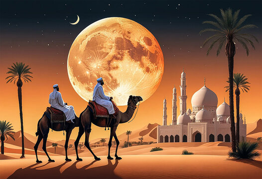 Sunset Arabic Desert Camel Caravan Muslim Islamic Culture Illustration
