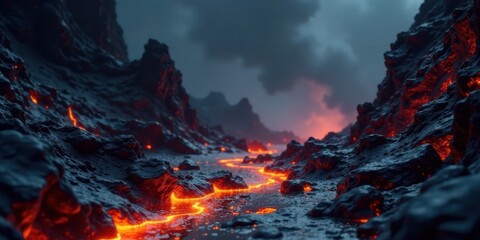 Fototapeta premium Fiery River of Molten Rock Flows Through a Dark Volcanic Landscape Under a Gloomy Sky