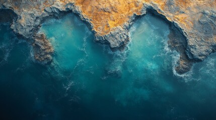 Aerial view of turquoise ocean waves crashing against rocky coastline.