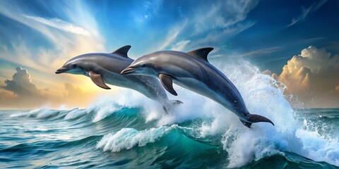 Dolphins Leaping Above Ocean Surrounded by Vibrant Sky and Waves