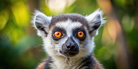Obraz premium A Curious Lemur with Bright Orange Eyes Gazing Directly at the Camera, Its White Fur Around the Ears Emphasizing its Intriguing Gaze