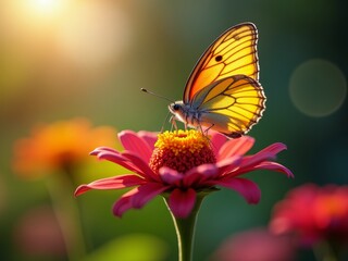 Obraz premium A delicate, orange butterfly perches on a pink flower, basking in the warm sunlight