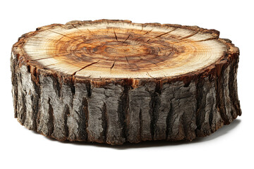 An ultra-realistic cut tree stump with visible wood grain, isolated on a white background, high-resolution photography.