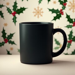 A black mug stands on a white surface, set against a festive holly-patterned wallpaper
