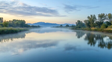 Obraz premium Misty morning on a serene river with mountains and trees reflecting in the water