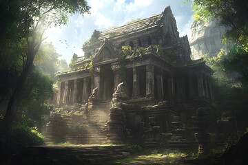 Naklejka premium Ancient Overgrown Temple Ruins with Sunlit Forest