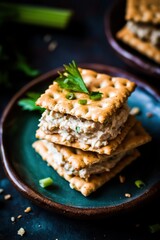 A rustic plate featuring stacked tuna salad-filled crackers, topped with green onions and parsley, with scattered celery and crumbs around.