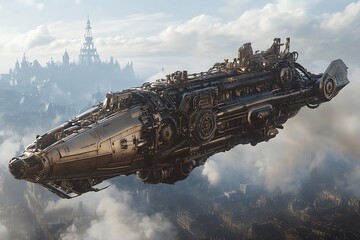 Fototapeta premium Steampunk Airship Flying Over a Victorian-Era City