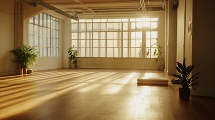 Obraz premium Sunlit room with hardwood floor, large windows, potted plants, and a yoga mat ready for a peaceful practice
