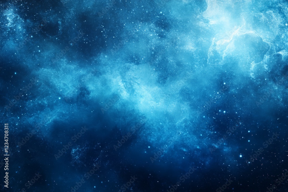 Poster vibrant celestial background featuring swirling blue nebula and scattered stars in deep space
