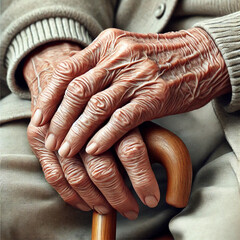 An old man's hand holding a stick. The veins and wrinkles on his hands show that he is getting chewed up by age.