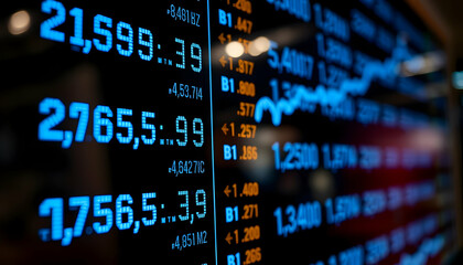 stock market data, digital display, blue numbers, financial information, electronic ticker, trading floor, blurred background, economic indicators, real-time statistics, glowing text, investment data,
