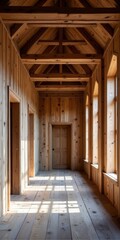 Rustic wooden hallway with natural light, inviting and serene atmosphere