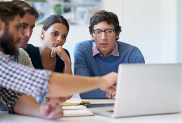 Business people, meeting and presentation with laptop for schedule planning or project discussion at office. Group, team or employees with computer for design, collaboration or creative startup