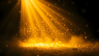 Stage spotlight, golden beams, glowing particles, smoke effects, dramatic lighting, empty podium, dark background, shimmering atmosphere, theatrical ambiance, luminous rays, ethereal glow, mystical au