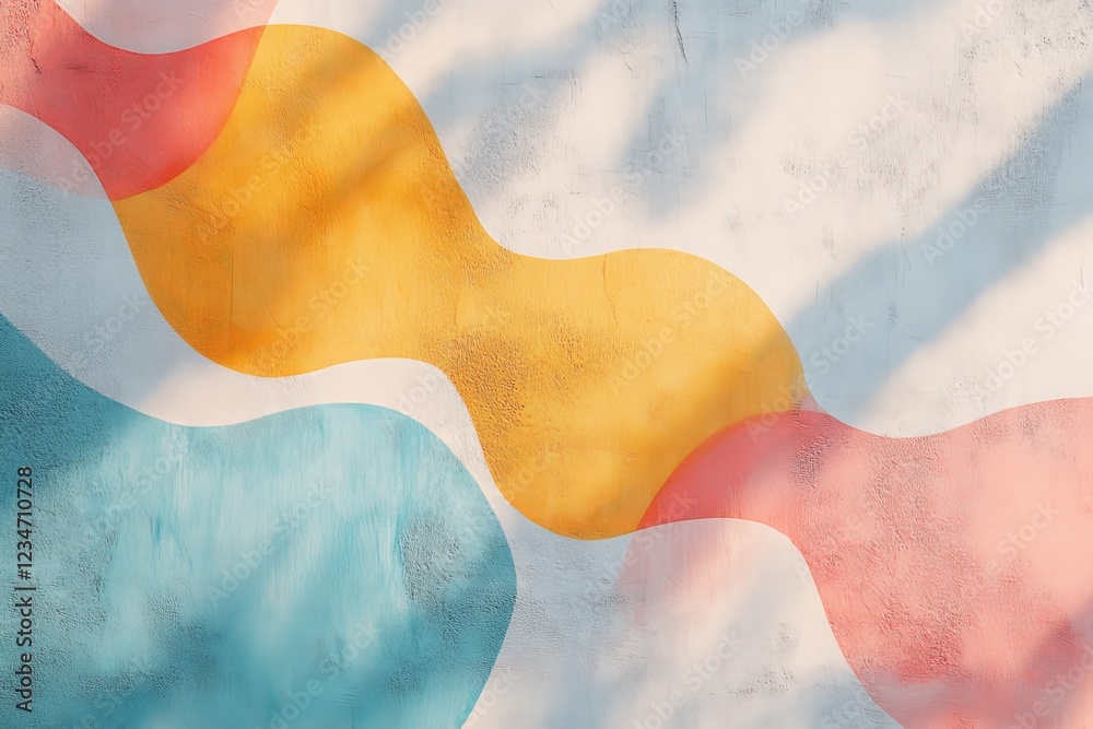 Poster bright abstract mural with wavy patterns in urban setting showcases vibrant colors and playful desig