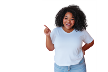 Smiling Plus-Size Woman Pointing Up Isolated on Transparent Background with blank white t-shirt, studio shot