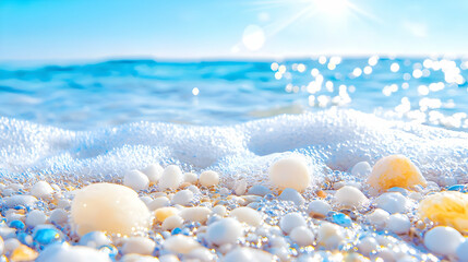 Ocean waves washing ashore on a pebble beach, sunny day. Summer vacation use
