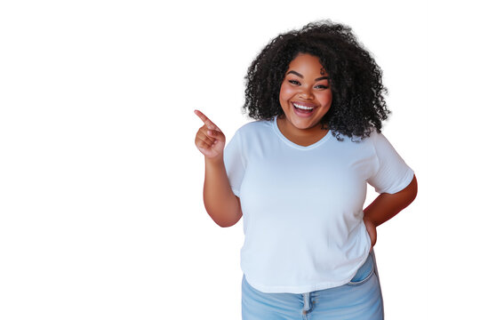 Smiling Plus-Size Woman Pointing Up Isolated on Transparent Background with blank white t-shirt, studio shot
